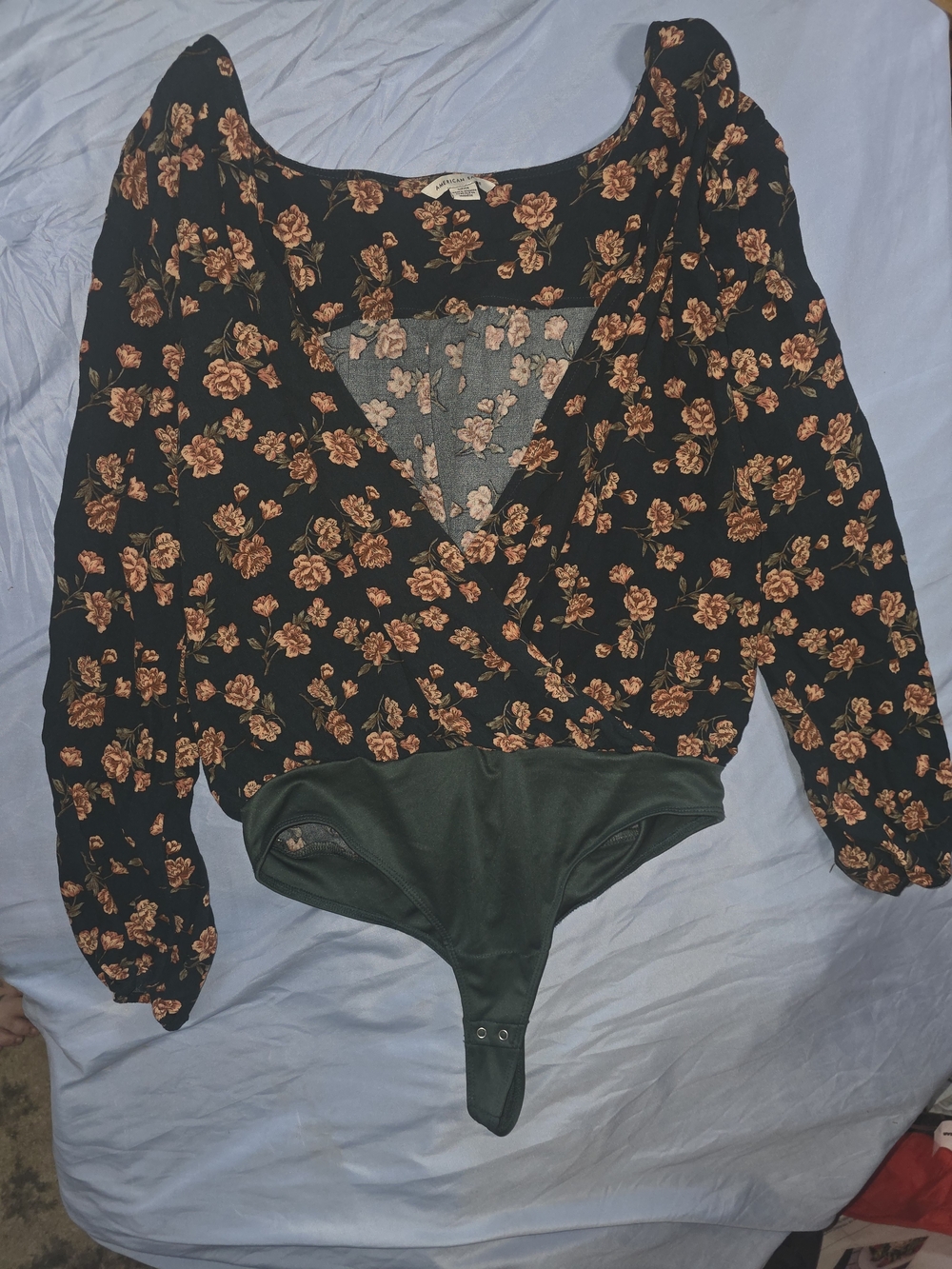 American Eagle Outfitters Black Bodysuit with Rust Floral Print